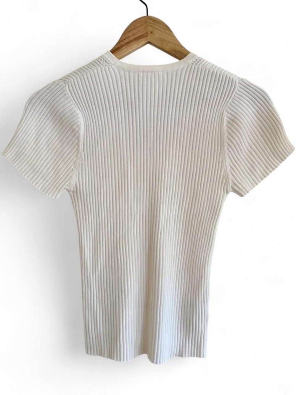 Laura Ashley 100% Cotton Ribbed Short Sleeve Cardigan Top Ivory Minimalist 90s M - Picture 3 of 7